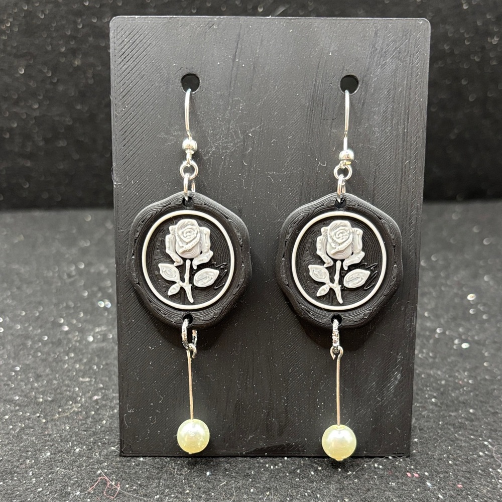 Black & Silver Rose Postage Stamp Earrings with Pearl Drop - Picture 3 of 5